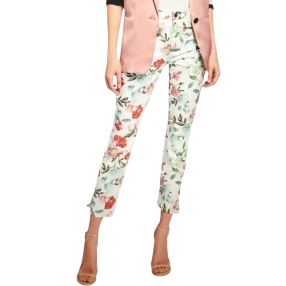 Jen 7 For All Mankind Nwot White Floral Cropped Skinny Stretch Jeans